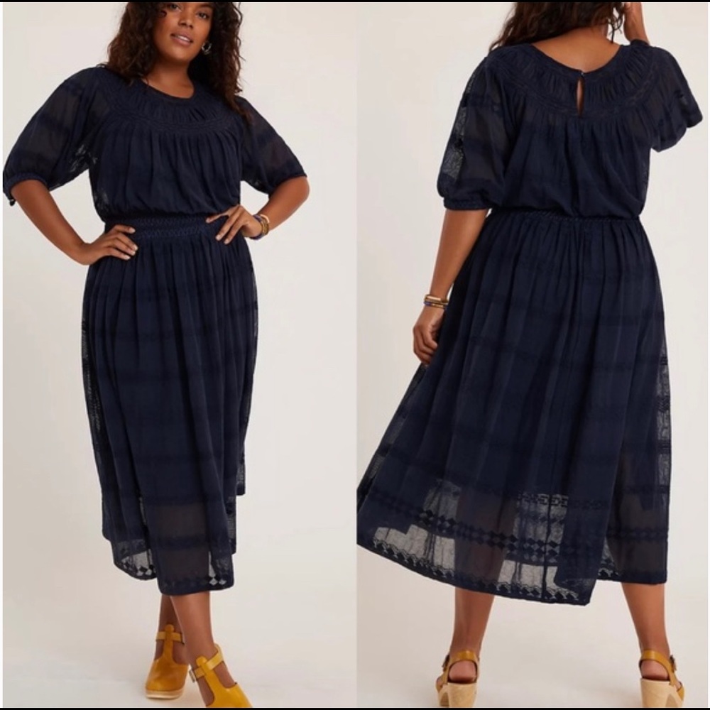 Anthro Plus 1X Lacy Navy Smocked Waist Dress